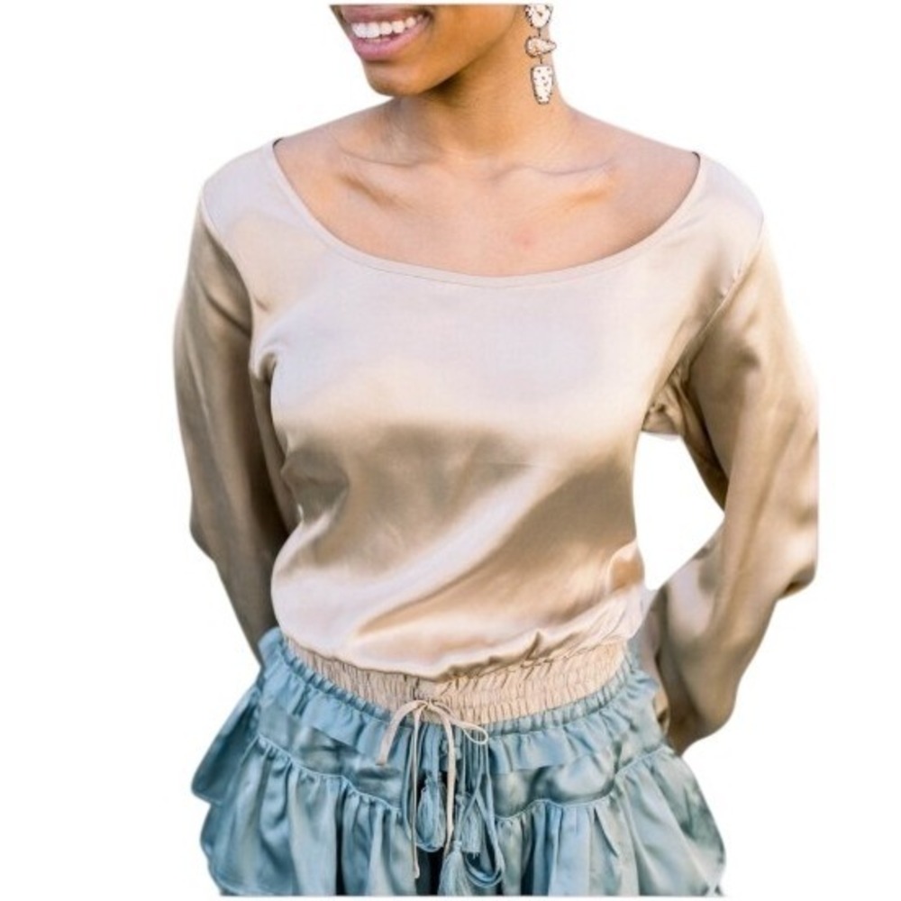 SHUG‎ Womens 100% Silk Cropped Top Balloon Sleeve S Gold Regency Romantic